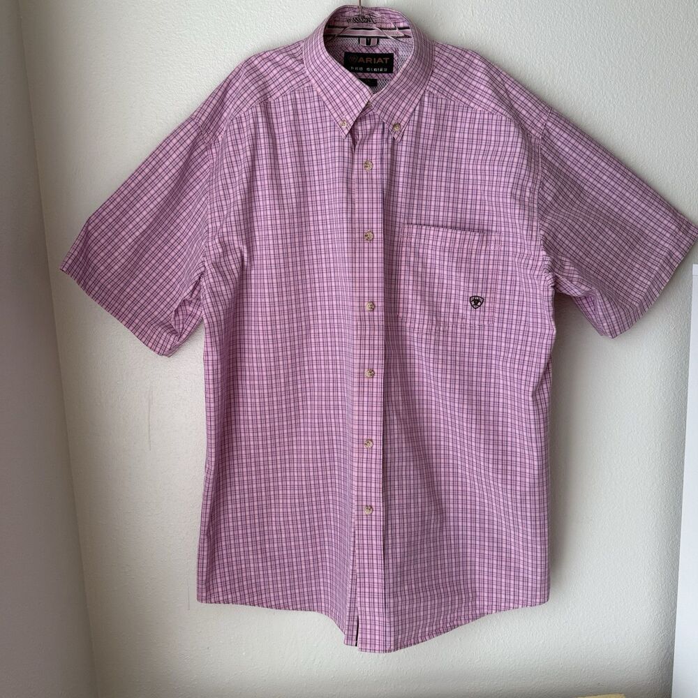 Ariat Pro Series Shirt Men L Pink Plaid Button Down Short Sleeve Chest Pocket - Picture 9 of 13